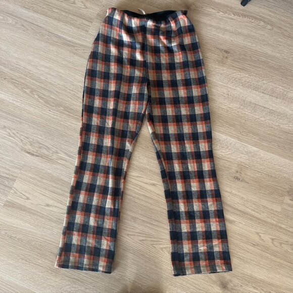 Free People Plaid Pants Black Orange pull on Size 6 - Picture 1 of 10